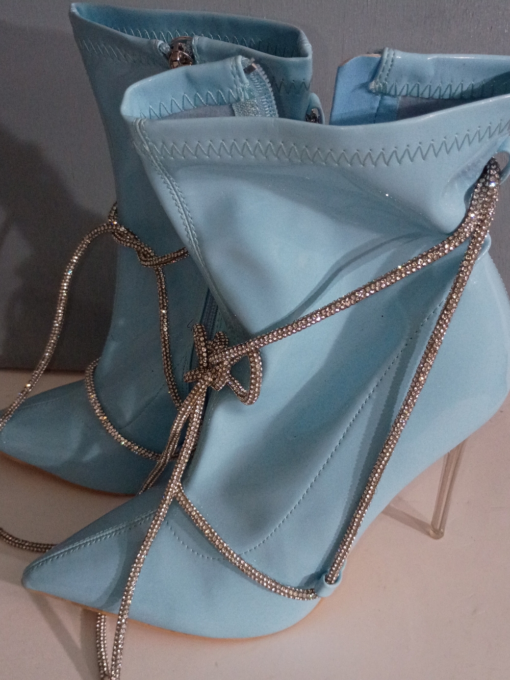 Blue Rhinestone Lace-Up Stiletto Ankle Boots